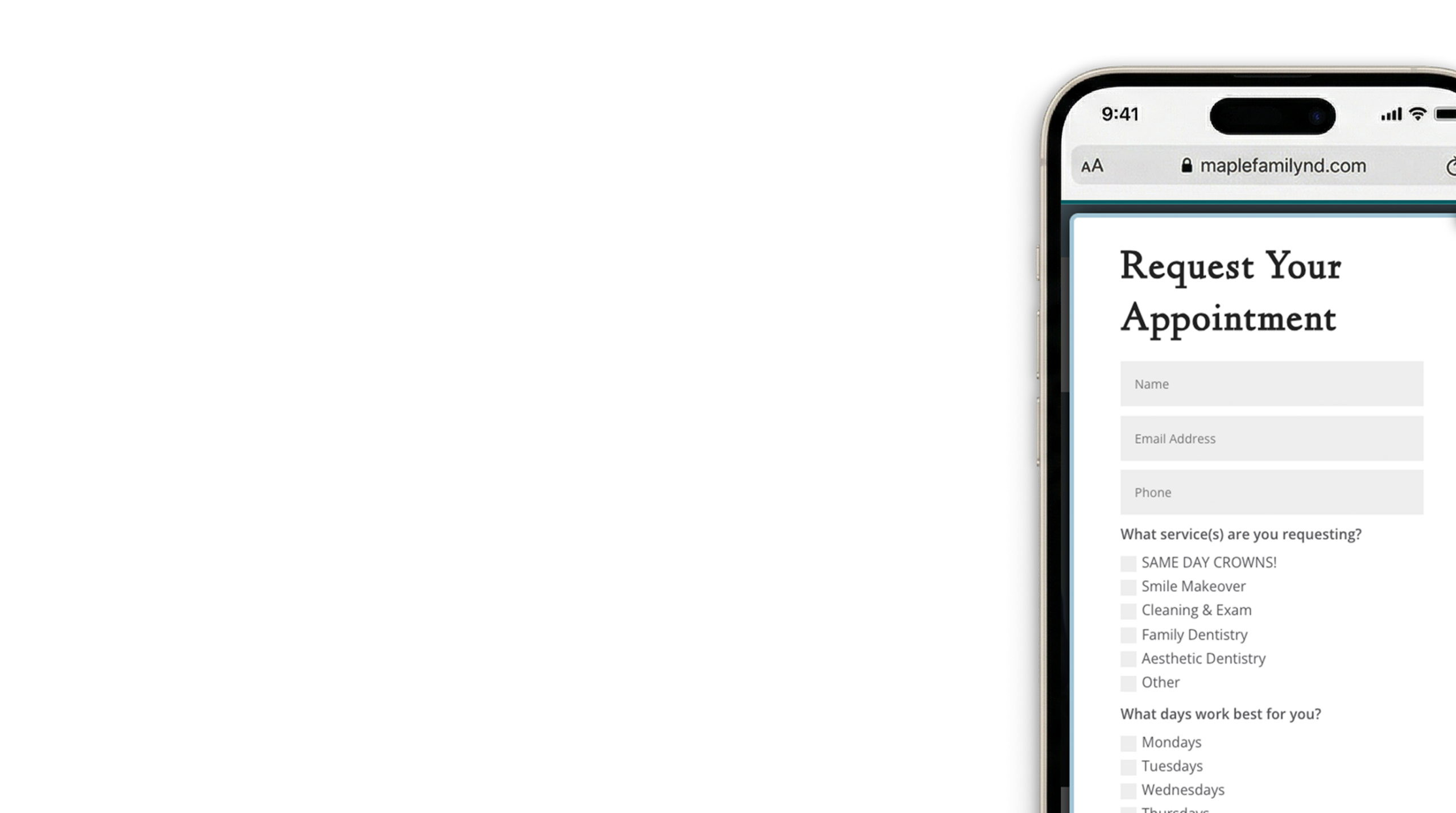 Maple Family Dental website on a phone screen, showing the request an appointment pop-up.