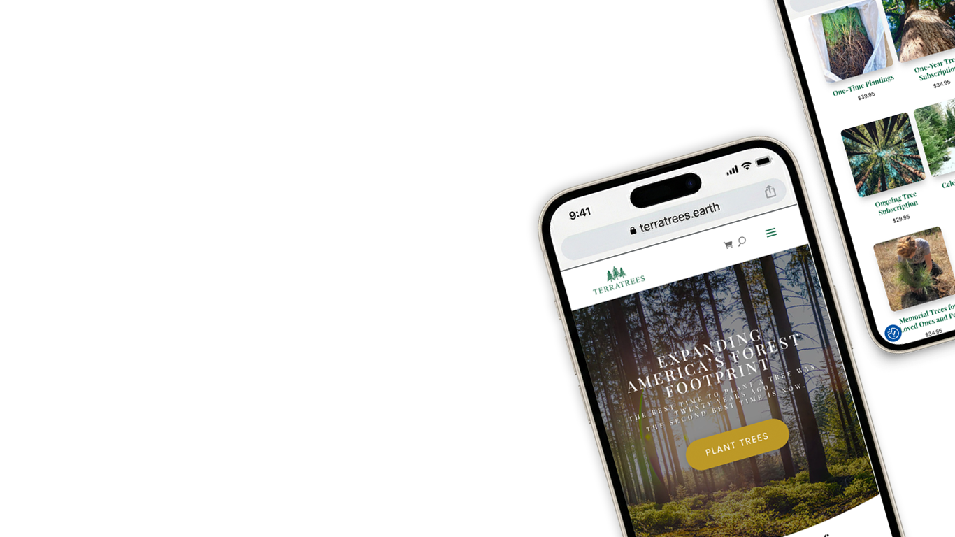 TerraTrees.earth Home page and Shop page on phone screens