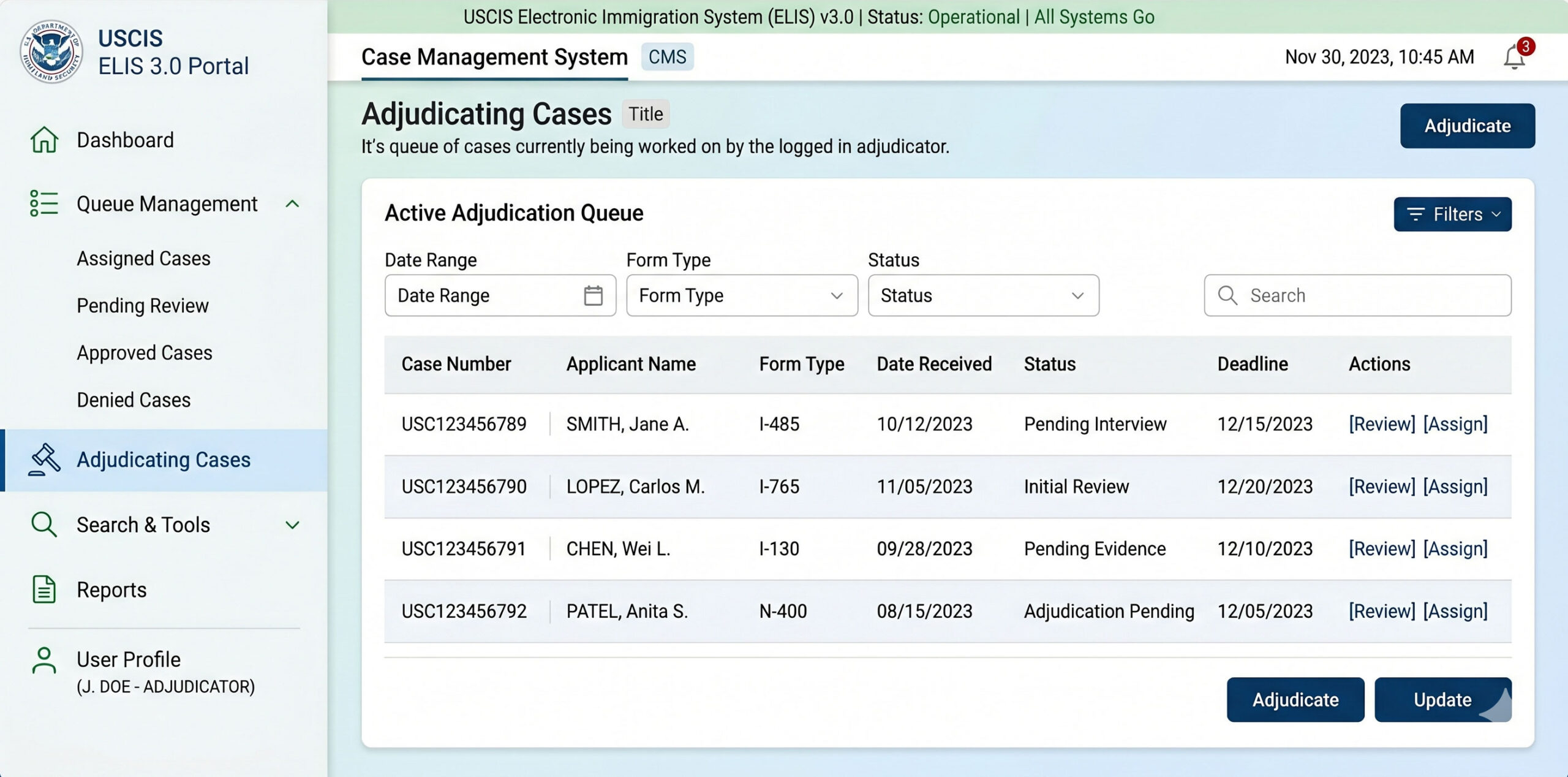 USCIS Adjudication Dashboard showing cases in different states and a sidebar with sections that a user may need to visit when adjudicating a case. 