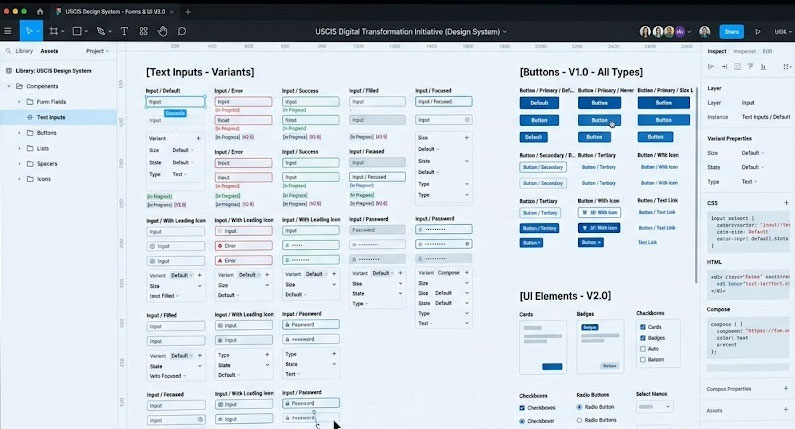 USCIS example Figma Library showing components on a Figma screen.