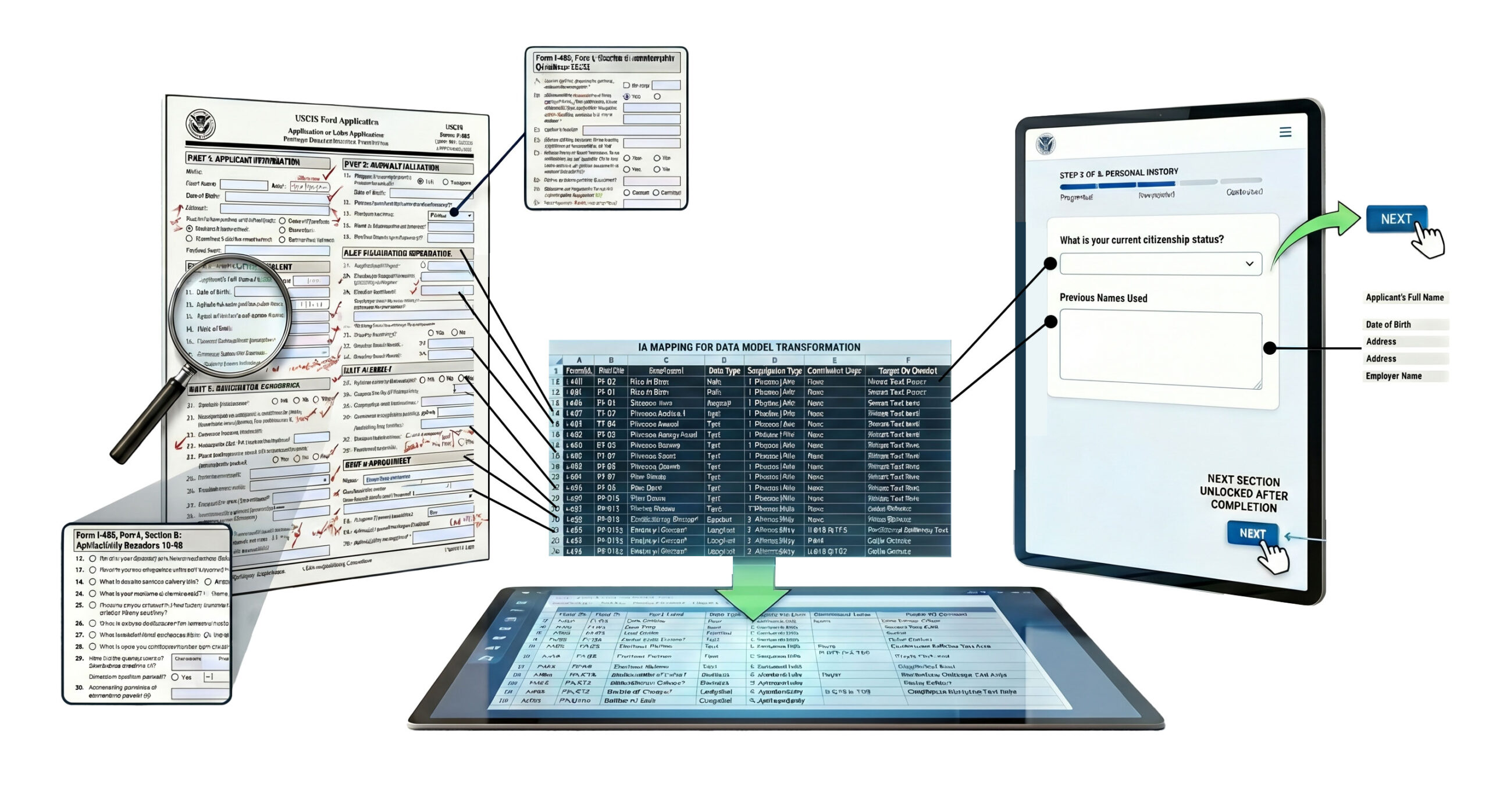 Image showing a paper form going through Information Architecture and then being digitized.